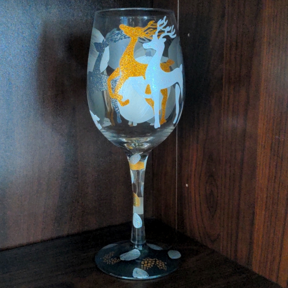 Lolita hand painted "Visions of Reindeer" wine glass